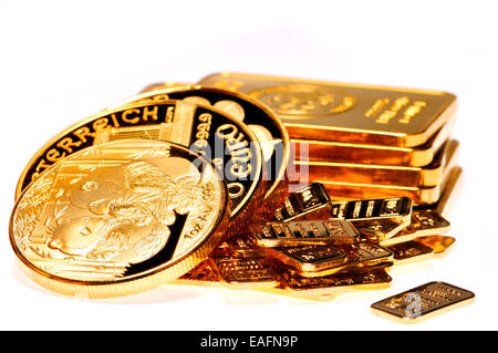 Gold bullion, coins and bars (gold-plated replicas) Stock Photo