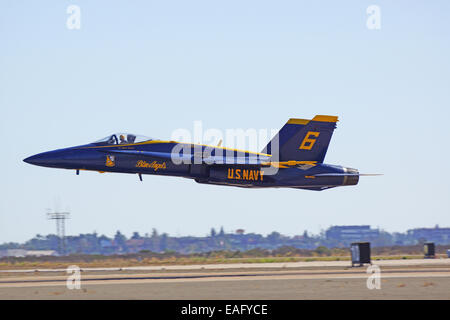 Blue Angels US Navy Flight Demonstration Squadron Airplane performs at 2014 Miramar Air Show Stock Photo