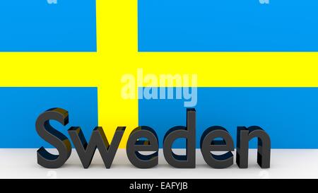 Writing Sweden made of dark metal  in front of a swedish flag Stock Photo