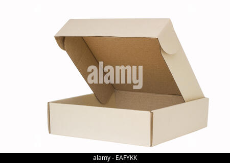 Cardboard box with flip open lid, lid open, isolated on white. Stock Photo