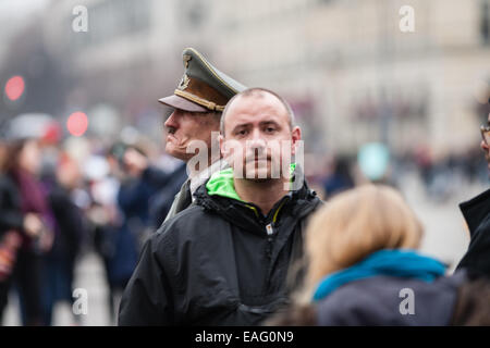 Berlin, Germany. 14th November, 2014. Actor Oliver Masucci at the Brandenburg Gate, Berlin, filming Look Who's Back playing the part of Adolf Hitler. Credit:  Georgia Chapman/Alamy Live News Stock Photo