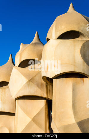Chimneys or ventilation towers on the rooftop of Casa Mila or La Pedrera, Barcelona, Catalonia, Spain