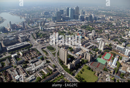 aerial view of the A12 A13 interchange near the Balfron Tower in Poplar looking south west towards Canary Wharf in East London Stock Photo