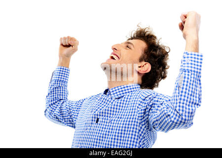 Happy man with raised hands up on a white background Stock Photo