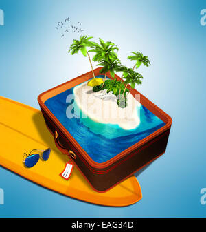 Tropical island in a travel suitcase. Traveling background. Stock Photo