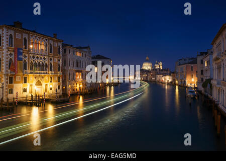 View of the Grand Canal from the Accademia Bridge at night, Venice, Veneto, Italy Stock Photo