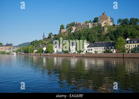 Saarburg Castle and riverside buildings on Saar River Saarland Germany Stock Photo