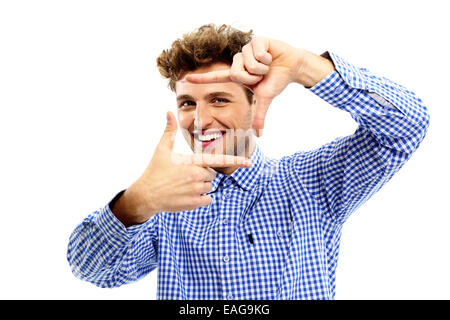 Happy man framing photograph on a white background Stock Photo