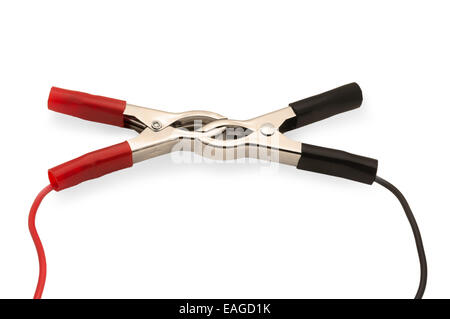 Car battery clamps and jumper cables isolated on white background Stock Photo