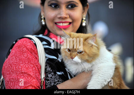 Cat owner proudly shows her pet. Cat Association of Bangladesh organized cat show at National Press Club in Dhaka. Native and foreign domestic cat was displayed. © Mohammad Asad/Pacific Press/Alamy Live News Stock Photo