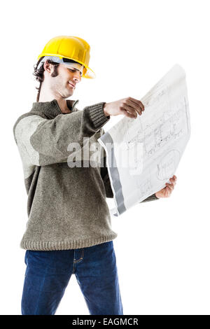 an handsome architect or engineer wearing a hard hat and carrying some construction plans. isolated on white Stock Photo
