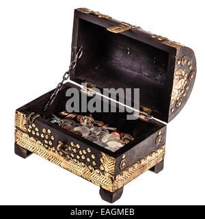 a golden chest full of coins isolated over a white background Stock Photo