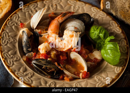 Homemade Italian Seafood Cioppino with Mussels, Clams, and Shrimps Stock Photo