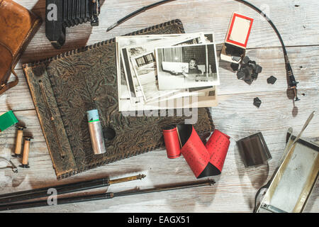 Vintage photo camera and photographic supplies and accessories Stock Photo