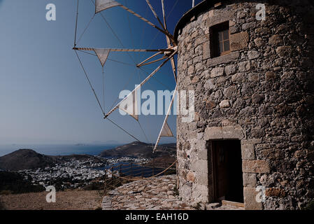 Windmills in the Aegean Island of Patmos, Dodecanese, Greece Stock Photo