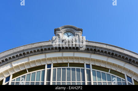 OSTEND, BELGIUM-SEPTEMBER 13, 2014: Architectural details of central railway station. The station was built in 1838 and is curr Stock Photo