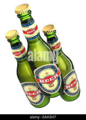 Three beer bottles with labels isolated on white. 3d Stock Photo