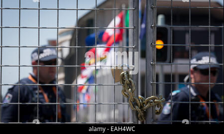 Brisbane, Australia. 15th Nov, 2014. Fences and chains secure the premises for the G20 summit in Brisbane, Australia, 15 November 2014. Brisbane is the center of world politics until 16 November 2014. The summit aims to stimulate growth and employment worldwide. Heads of State will also discuss the fight against the terror militia IS as well as the Ebola epidemic. Photo: KAY NIETFELD/dpa/Alamy Live News Stock Photo