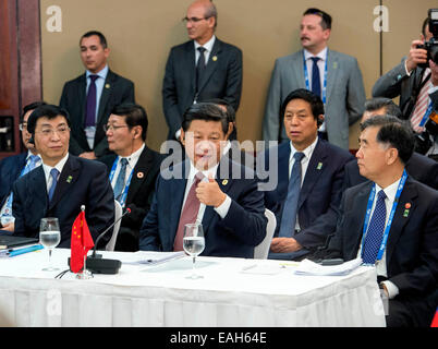 Brisbane, Australia. 15th Nov, 2014. Chinese President Xi Jinping (C front) attends a meeting of leaders of the BRICS countries in Brisbane, Australia, Nov. 15, 2014. Credit:  Li Xueren/Xinhua/Alamy Live News Stock Photo