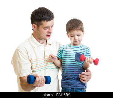 middle-aged man and kid do exercise with dumbbell Stock Photo