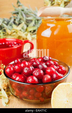 cranberries, jar with honey, fruit tea cup, healing herbs and lemon Stock Photo