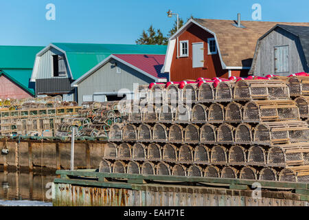Piles of lobster traps on the wharf in rural Prince Edward Island, Canada. Stock Photo