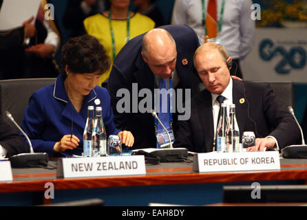 Brisbane, Australia. 15th Nov, 2014. Russian President Putin (R) and South Korea President Park Geun-Hye (L) attend the opening session of the G20 Summit in Brisbane, Australia, Nov. 15, 2014. Credit:  Pool/Xinhua/Alamy Live News Stock Photo