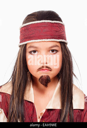 Portrait of a Little Boy in Wig in Pirate Costume Stock Photo