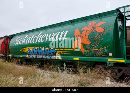 saskatchewan freight grain trucks on canadian pacific railway Saskatchewan Canada Stock Photo