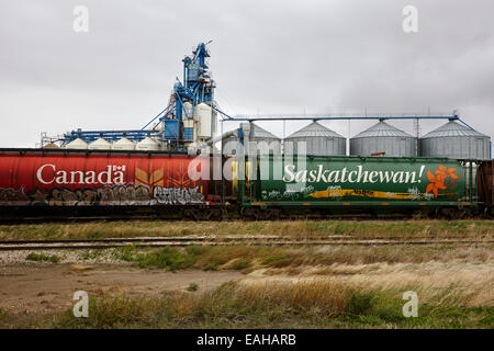 canada and saskatchewan freight grain trucks on canadian pacific railway Saskatchewan Canada Stock Photo