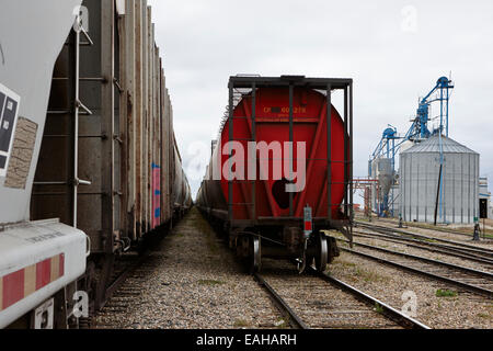 freight grain trucks on canadian pacific railway at assiniboia depot Saskatchewan Canada Stock Photo