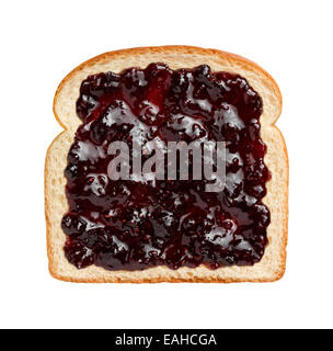 Aerial view of mixed berries preserves, spread over a slice of white bread. Stock Photo