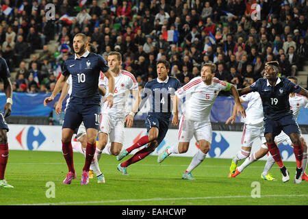 14.11.2014. Stade de la Route-de-Lorient, Rennes, France. International football friendly. France versus Albania.  Karim Benzema - Raphael Varane - Paul Pogba (France) Stock Photo