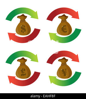 Currency money bags cycle arrow signs Stock Photo