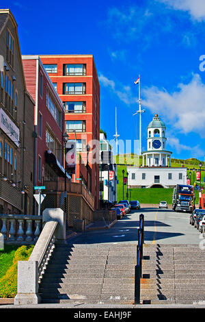 Old Town Clock in the grounds of the Halifax Citadel National Historic Site seen from the steps of the Grand Parade Stock Photo