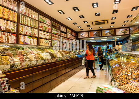 A little late night shopping at a Turkish Delight shop on July 28, 2014 in Istanbul, Turkey. Stock Photo