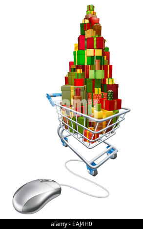 Online web internet Christmas shopping, a computer mouse connected to trolley full of gifts Stock Photo