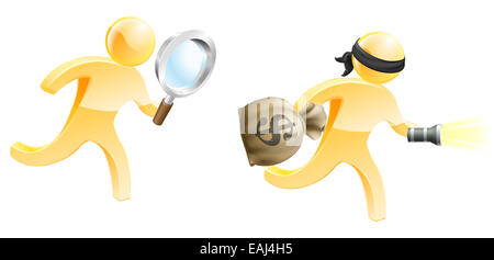 A detective mascot with a magnifying glass chasing a criminal with a money bag and torch Stock Photo