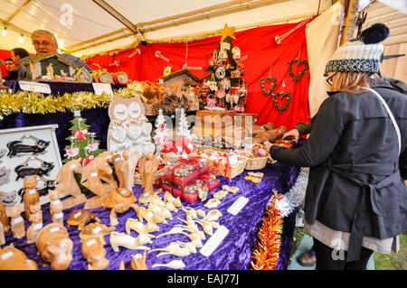 Belfast, Northerm Ireland. 15th November, 2014.  Handmade wooden trinkets on sale as the annual continental market opens in the grounds of Belfast City Hall Credit:  Stephen Barnes/Alamy Live News Stock Photo