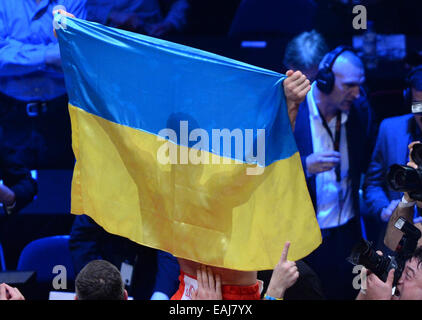 Hamburg, Germany. 15th Nov, 2014. Ukrainian Wladimir Klitschko celebrates his victory after the World Champion boxing match between Wladimir Klitschko and Kubrat Pulew, heavyweight, in the O2 world arena in Hamburg, Germany, 15 November 2014. Credit:  dpa picture alliance/Alamy Live News Stock Photo