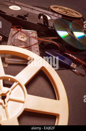 Collection of retro audio and video tapes. Shallow depth of field. Stock Photo
