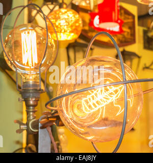 old carbon light bulb Filament, amber edison bulb Stock Photo