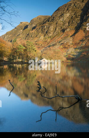 Wast water boat house and screes in autumn, English Lake District Stock Photo