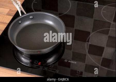 Empty frying pan on an induction hob.Economical electric kitchenware. Stock Photo