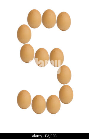 Number 0 to 9 from brown eggs alphabet isolated on white background, five Stock Photo
