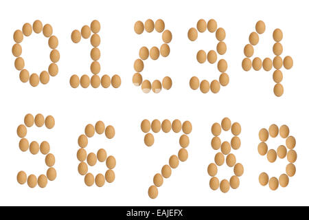 Number 0 to 9 from brown eggs alphabet isolated on white background. Stock Photo