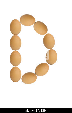 Alphabets  A to Z from brown eggs alphabet isolated on white background, D Stock Photo
