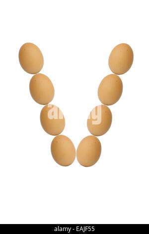Alphabets  A to Z from brown eggs alphabet isolated on white background, V Stock Photo