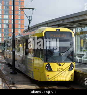 A yellow metrolink tram pulled up at a platform before departing to Manchester Piccadilly.