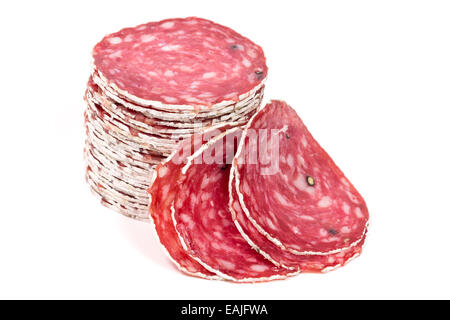 Slices of salami sausages isolated on a white background Stock Photo
